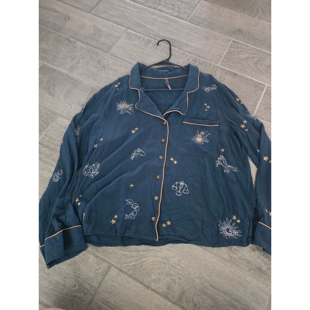 Anthropologie Zodiac Celestial Embroidered Pajama Top Navy Teal Large